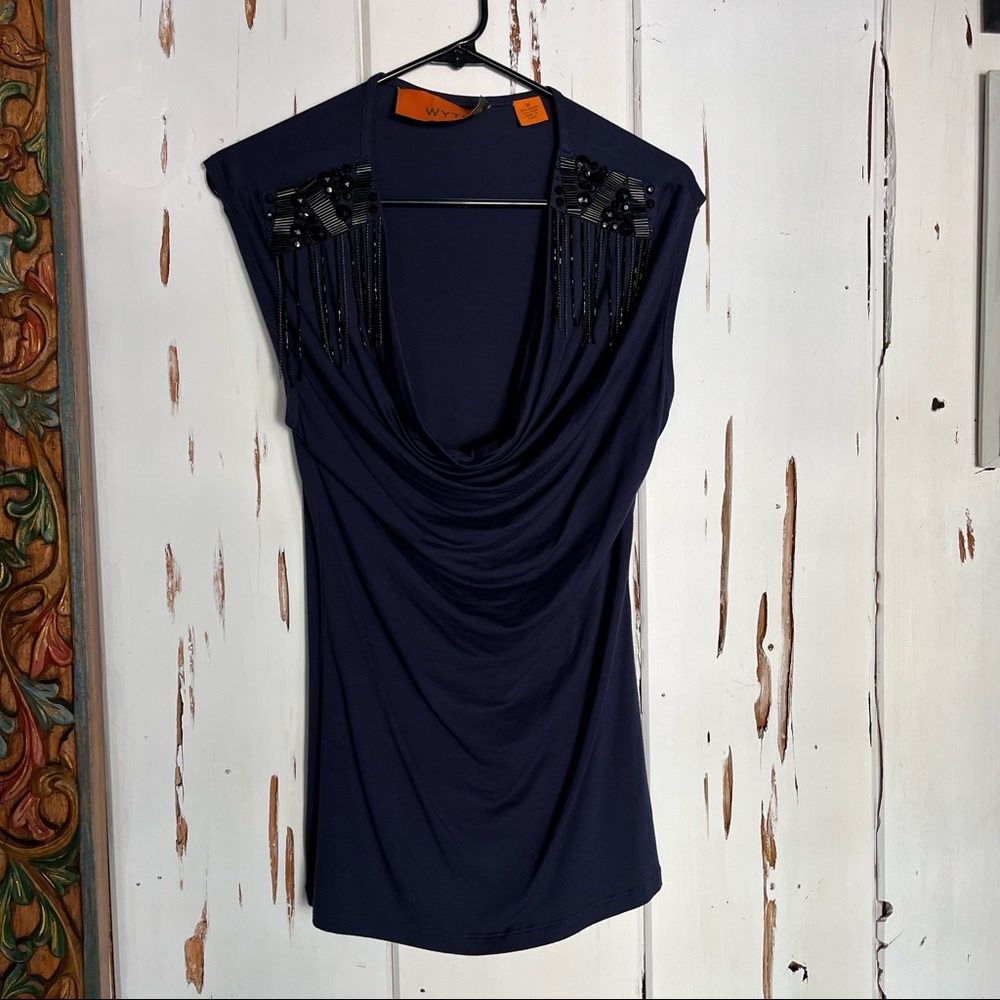 Dark BLUE Women's WYTON Evening/Day Top beaded Sleeveless Plunging neck